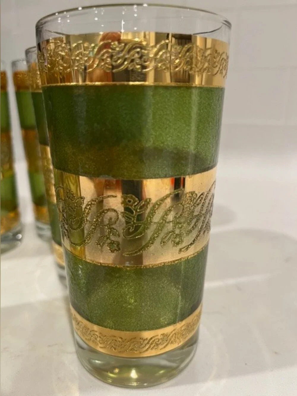 Vintage‎ MCM Starlyte Green & 22k Gold Scroll Highball Glasses - Set of 6 EUC